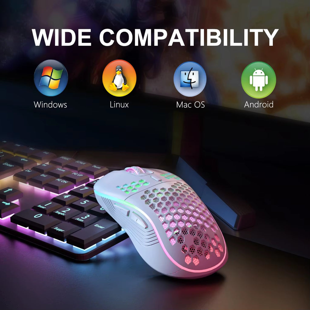 2.4G Wireless RGB Gaming Mouse – 6 Buttons, 3-Speed DPI, Type-C Rechargeable, Honeycomb Design