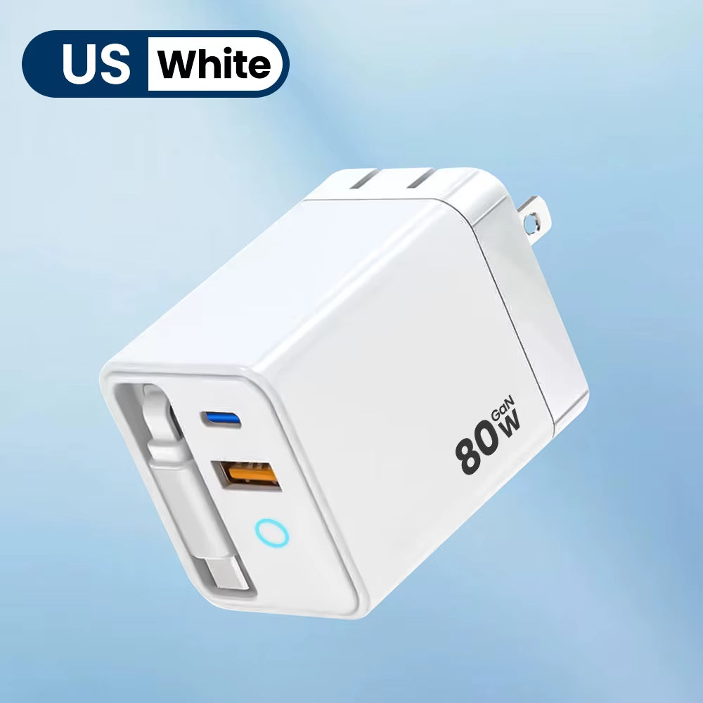 80W GaN Fast Charger with Scalable Data Cable – Multi-Port A+C Full Protocol Charging