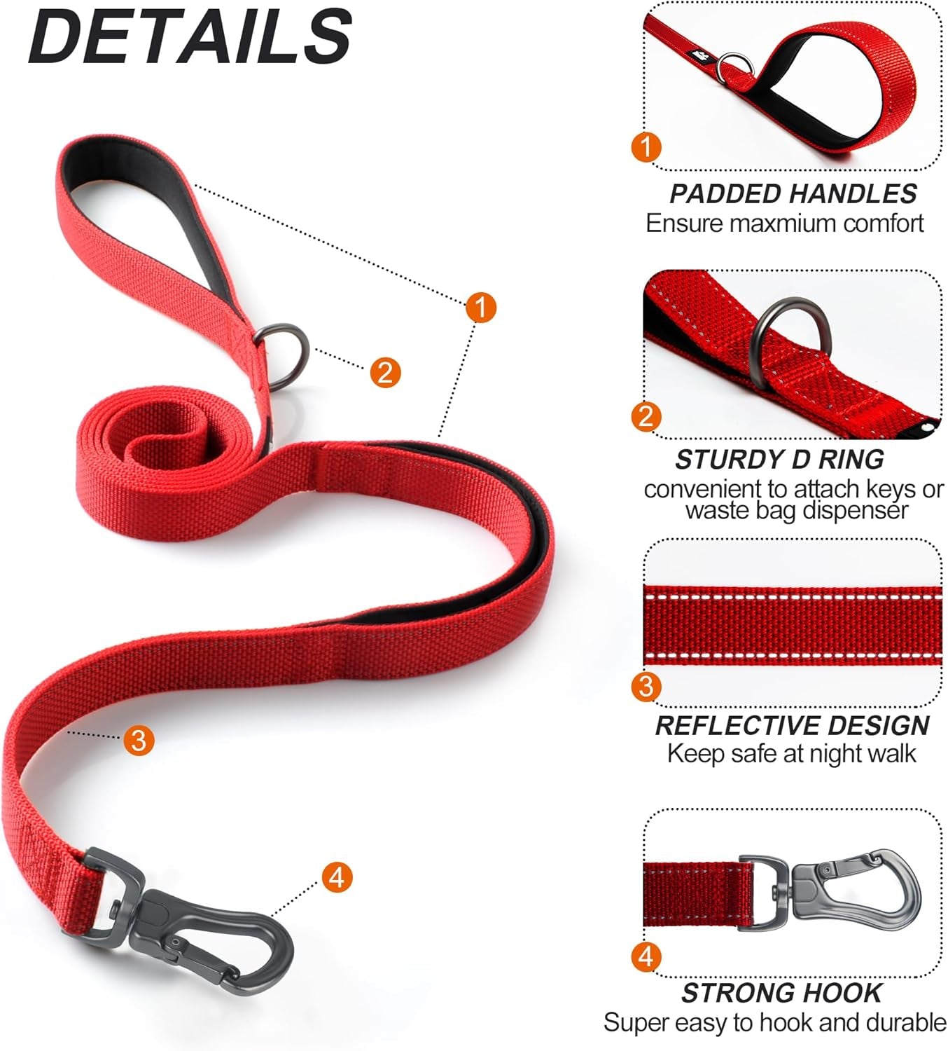 4ft Single Red color Dog Leash with Soft Dual Handles & Auto-Lock Hook