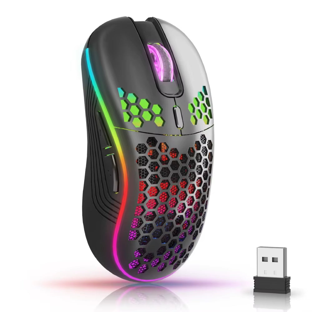 2.4G Wireless RGB Gaming Mouse – 6 Buttons, 3-Speed DPI, Type-C Rechargeable, Honeycomb Design