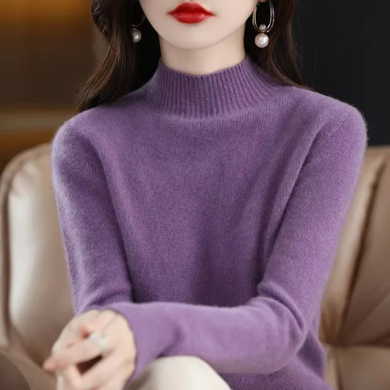 Women’s Winter Knit Sweater – Half High Collar Long Sleeve Pullover