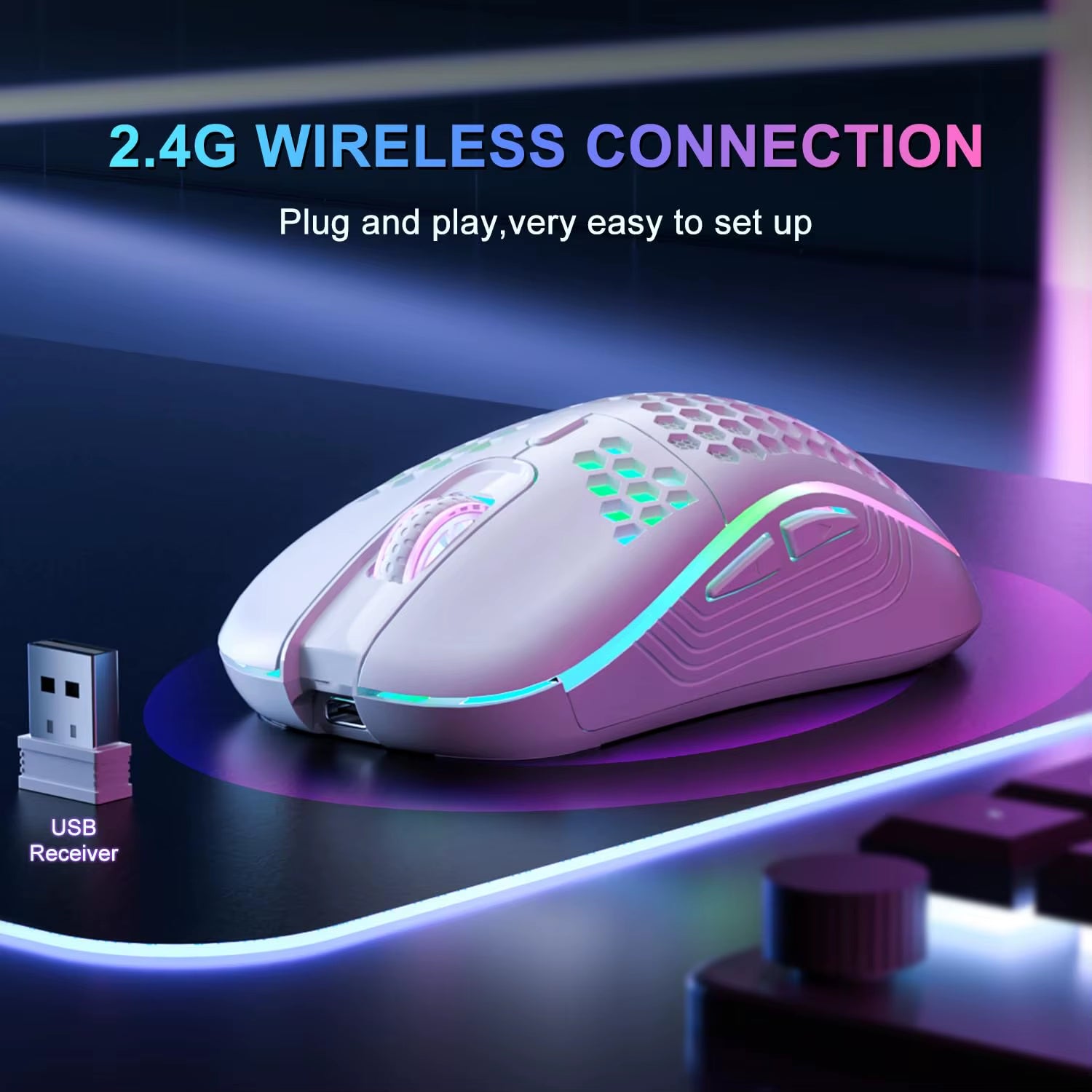 2.4G Wireless RGB Gaming Mouse – 6 Buttons, 3-Speed DPI, Type-C Rechargeable, Honeycomb Design