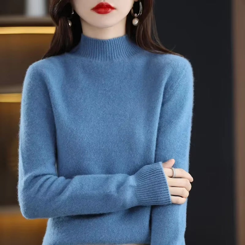 Women’s Winter Knit Sweater – Half High Collar Long Sleeve Pullover