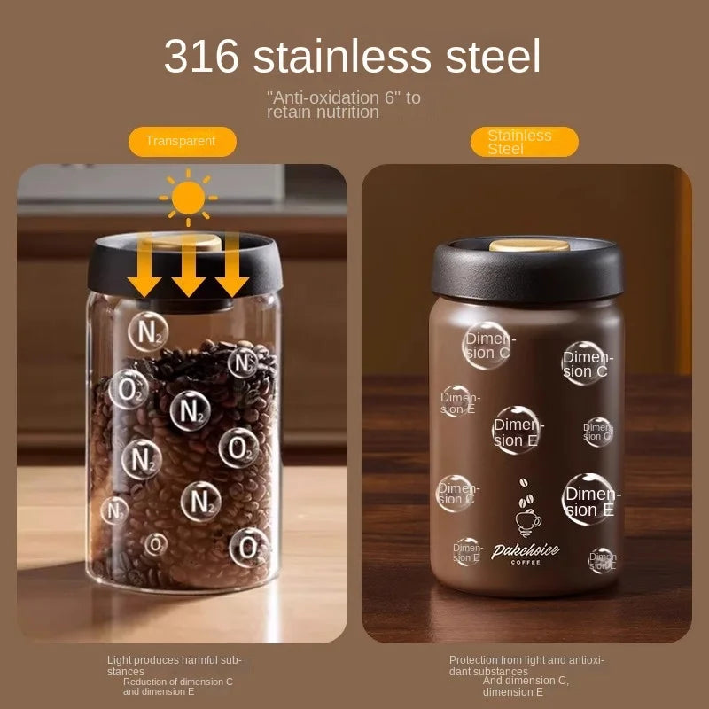 Vacuum-Sealed Coffee Bean & Food Storage Canister – Durable Stainless Steel Light-Proof Kitchen Jar