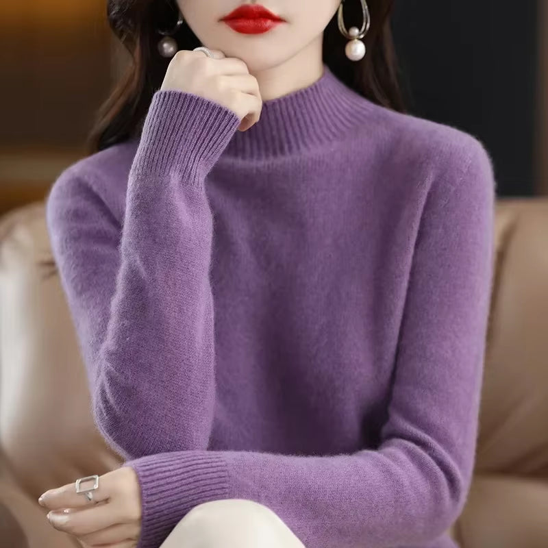 Women’s Winter Knit Sweater – Half High Collar Long Sleeve Pullover