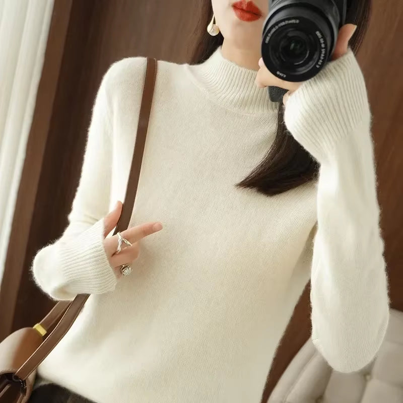 Women’s Winter Knit Sweater – Half High Collar Long Sleeve Pullover
