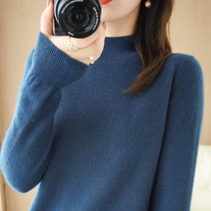 Women’s Winter Knit Sweater – Half High Collar Long Sleeve Pullover