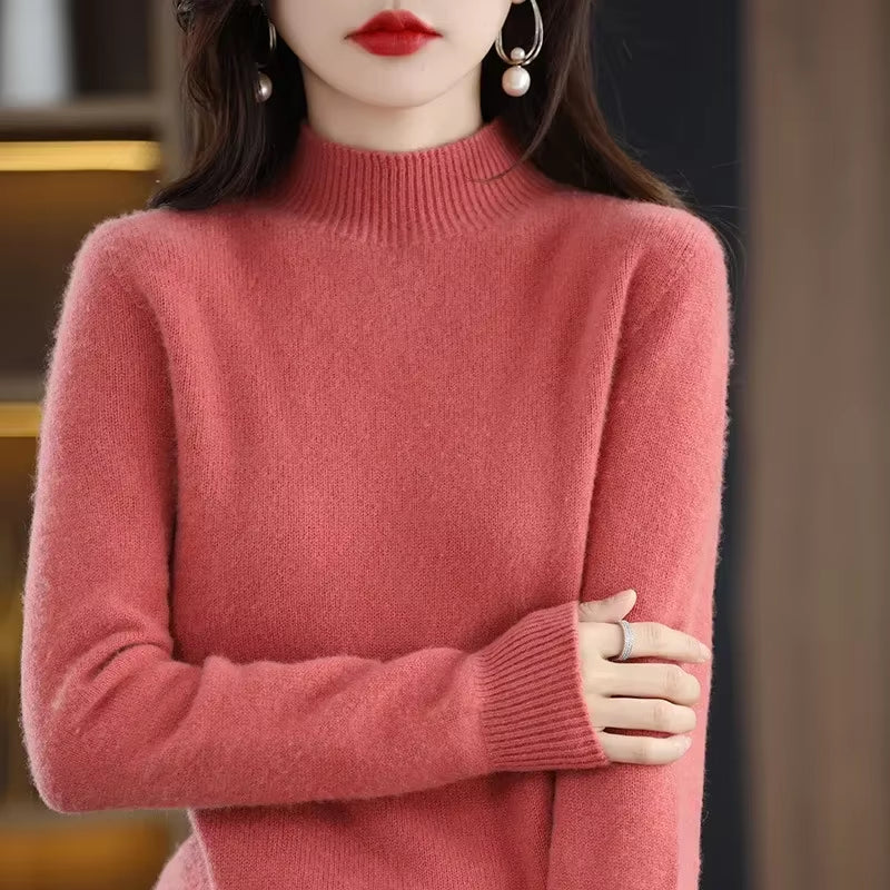 Women’s Winter Knit Sweater – Half High Collar Long Sleeve Pullover