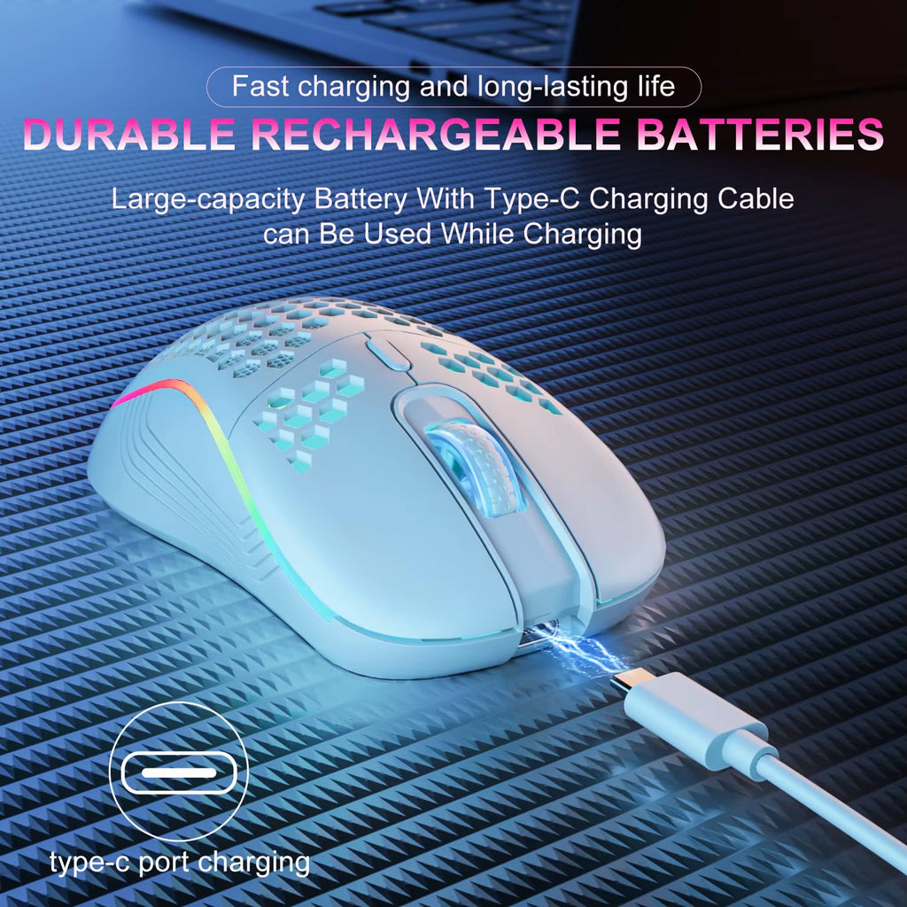 2.4G Wireless RGB Gaming Mouse – 6 Buttons, 3-Speed DPI, Type-C Rechargeable, Honeycomb Design