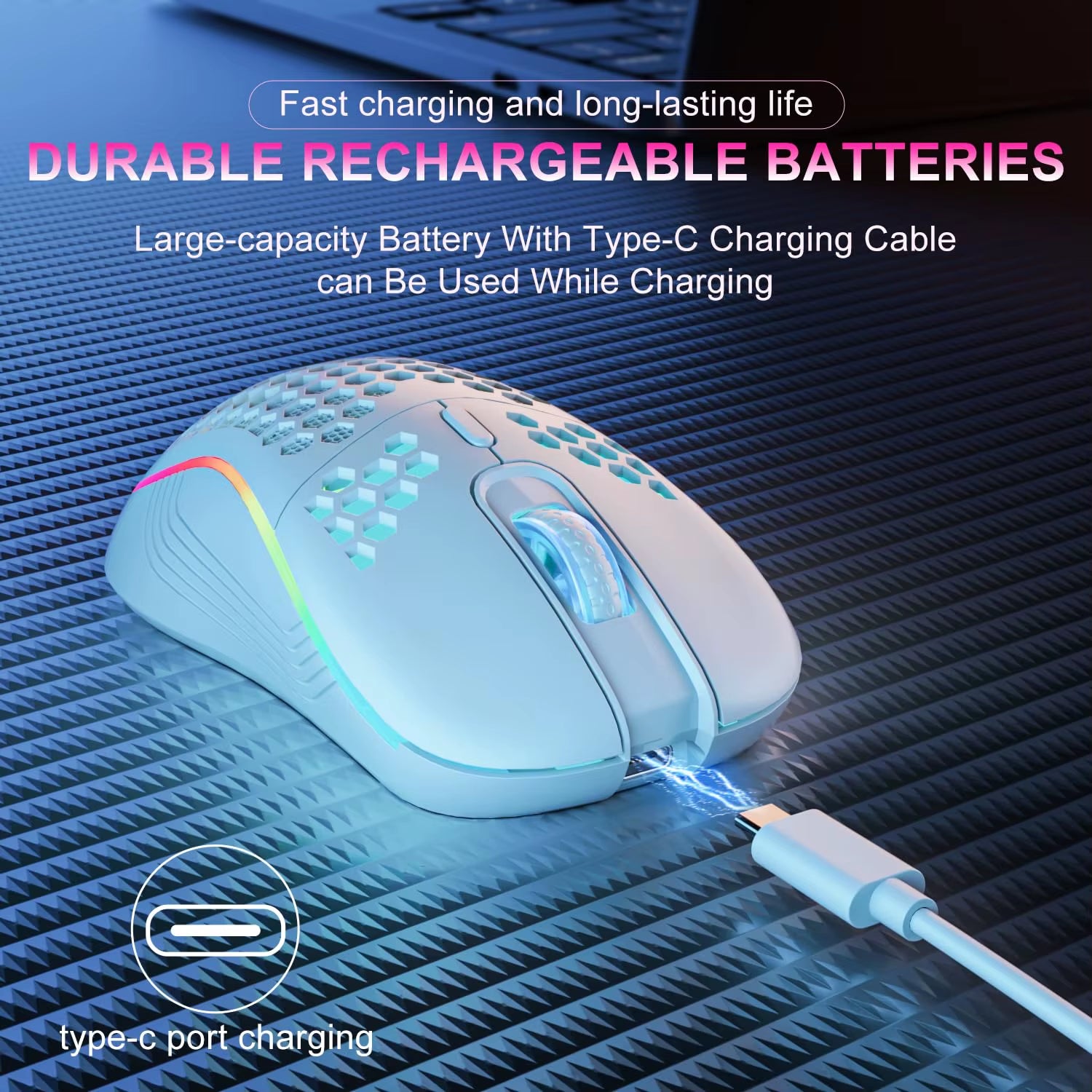 2.4G Wireless RGB Gaming Mouse – 6 Buttons, 3-Speed DPI, Type-C Rechargeable, Honeycomb Design