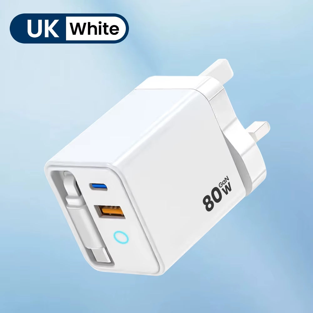 80W GaN Fast Charger with Scalable Data Cable – Multi-Port A+C Full Protocol Charging