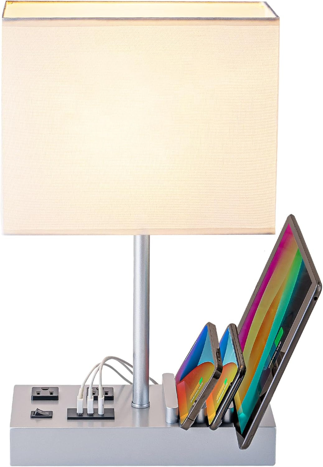 Bedside Table Lamp with 3 USB Charging Ports, 2 AC Outlets and 3 Phone Stands, Modern USB Desk Lamp with Silver Wooden Base