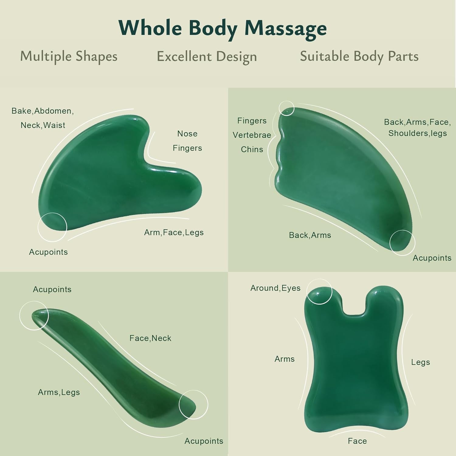 4 Pcs Gua Sha Massage Tool Set – Facial, SPA & Trigger Point Therapy (Green)