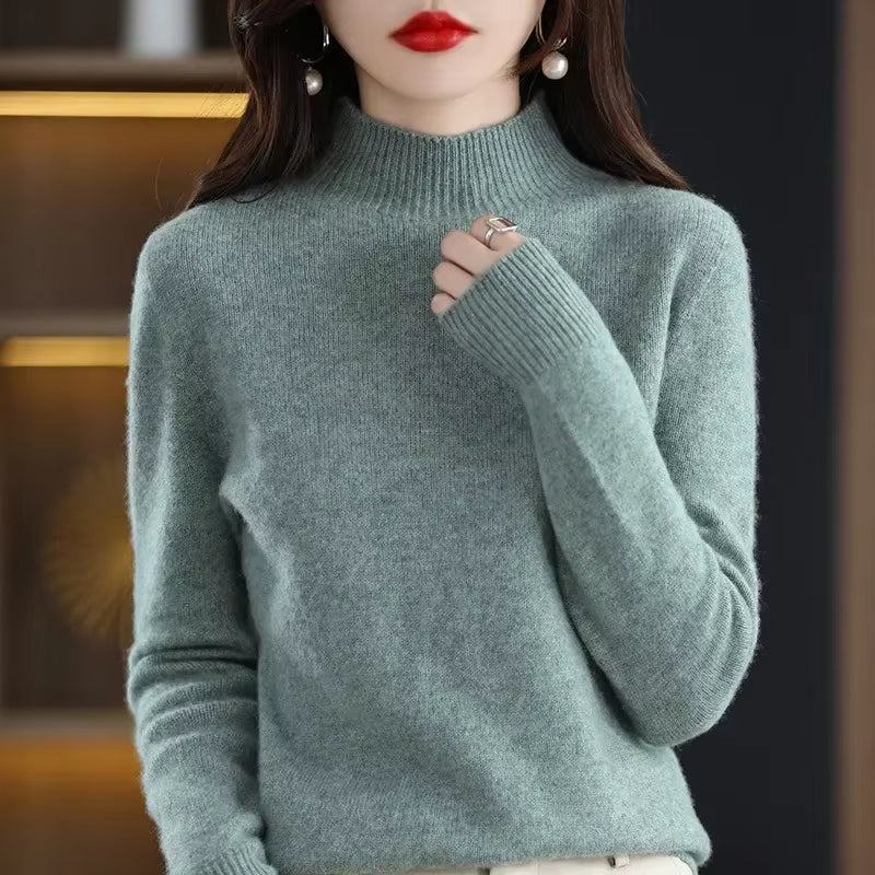 Women’s Winter Knit Sweater – Half High Collar Long Sleeve Pullover