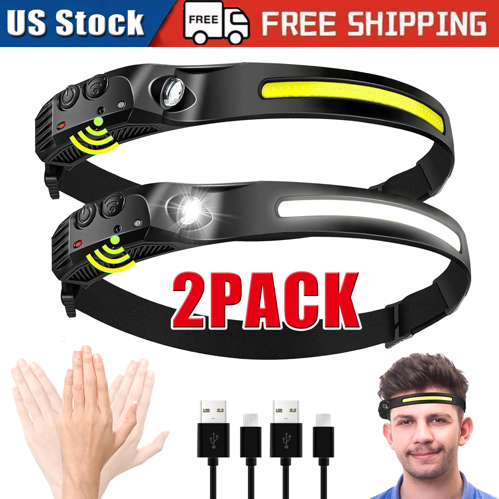 2X Waterproof Headlamp Night Buddy LED Sensor 230° Head Torch Headlight Band